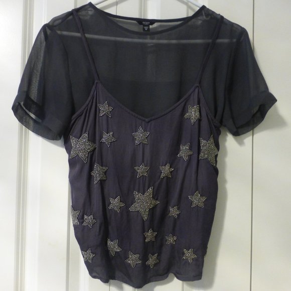 GUESS dark gray beaded stars sleeveless semi-sheer top - Picture 1 of 5